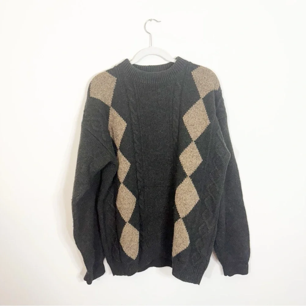Woolrich Vintage Grandpa Core Argyle Wool Sweater Large Green
